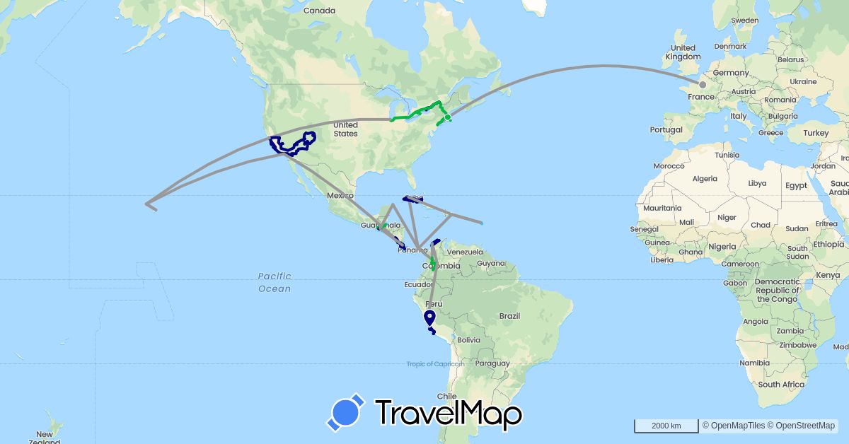 TravelMap itinerary: driving, bus, plane, train, boat in Canada, Colombia, Costa Rica, Cuba, Dominican Republic, France, Guatemala, Mexico, Nicaragua, Panama, Peru, United States (Europe, North America, South America)