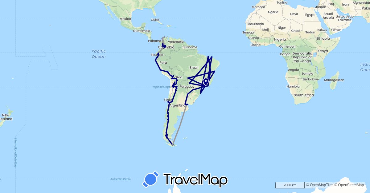 TravelMap itinerary: driving, plane in Argentina, Bolivia, Brazil, Chile, Colombia, Ecuador, Peru, Uruguay (South America)
