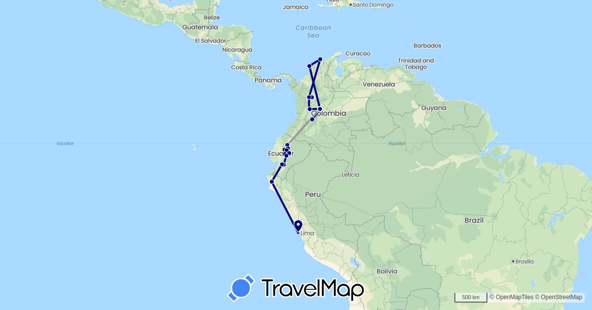 TravelMap itinerary: driving, plane in Colombia, Ecuador, Peru (South America)